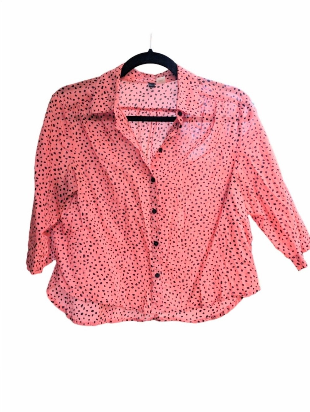 Women’s Coral Pink Button-Down Blouse with Black Dot Print